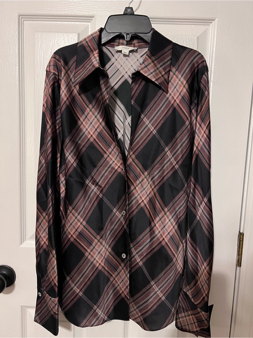 Vince 100% Silk Plaid Button Down Blouse Shirt Brown Green M